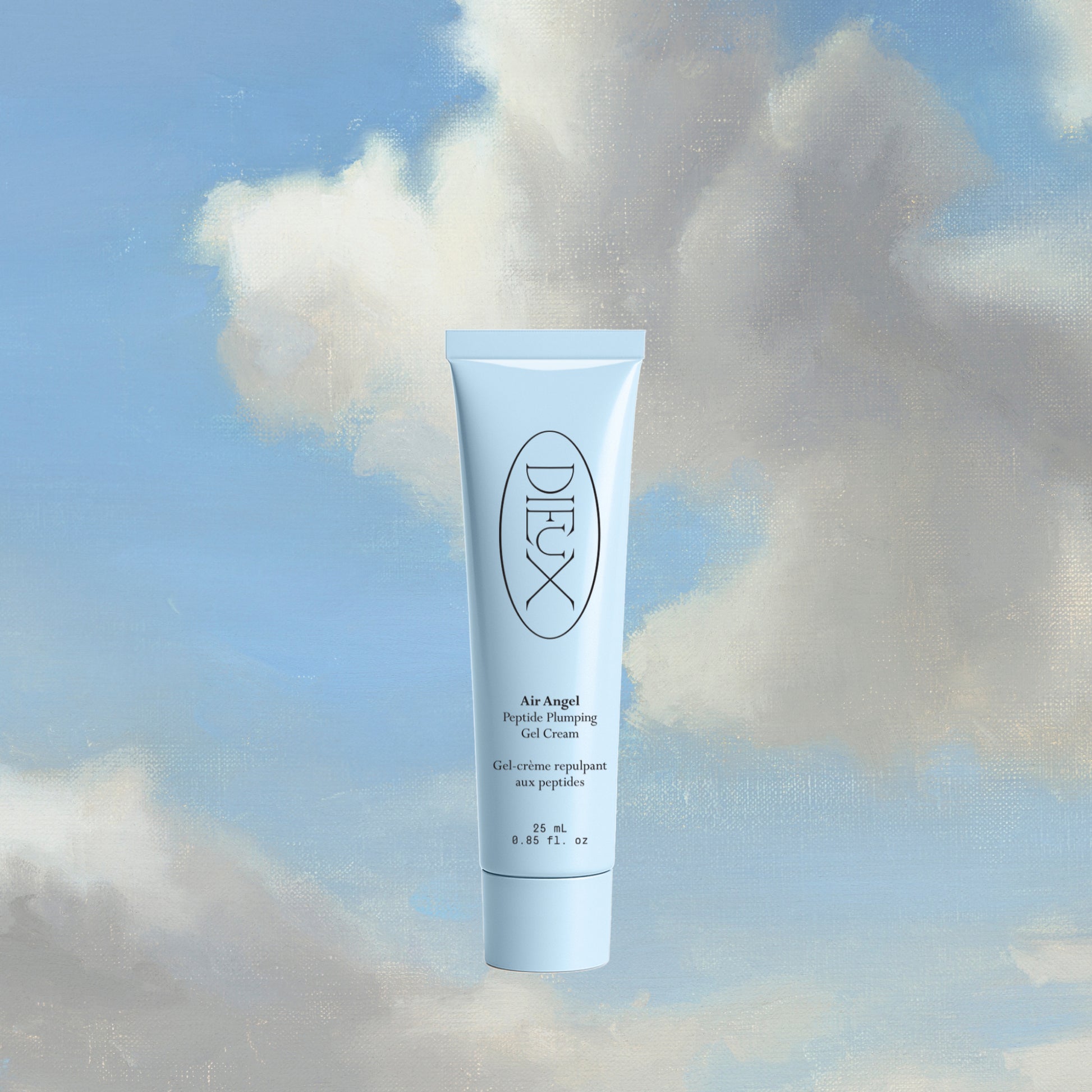 Dieux Air Angel Gel Cream 25ml size on a blue and white cloud background