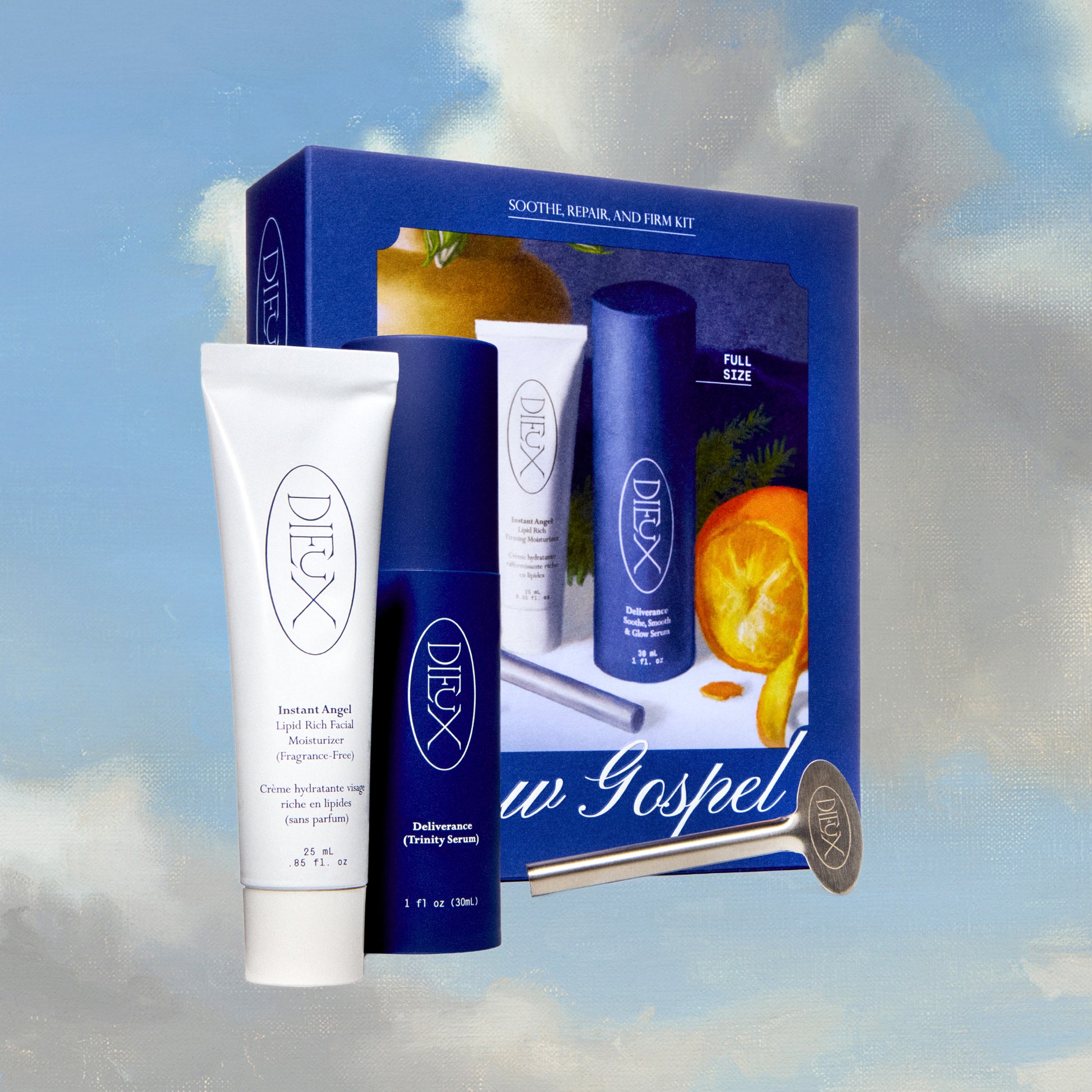 Dieux Glow Gospel Set on a blue and white cloud background. Features the box the set comes in and the three products: Instant Angel Moisturizer 25ml, Deliverance Serum, and Squeeze Key.