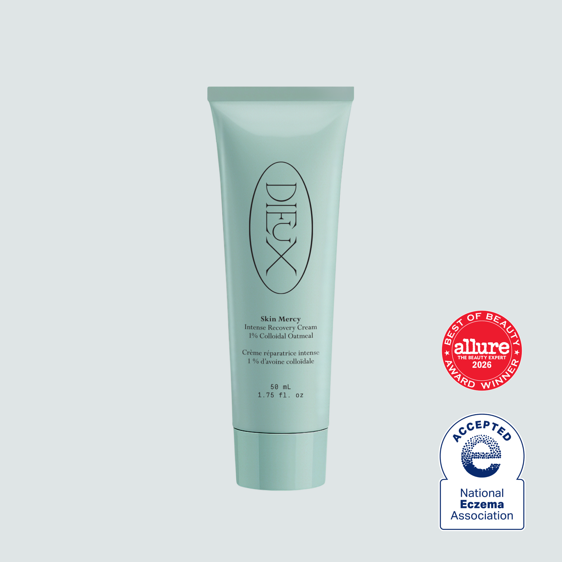 Dieux Skin Mercy Recovery Cream tube with National Eczema Association Seal of Acceptance and 2026 Allure Best of Beauty Award Winner