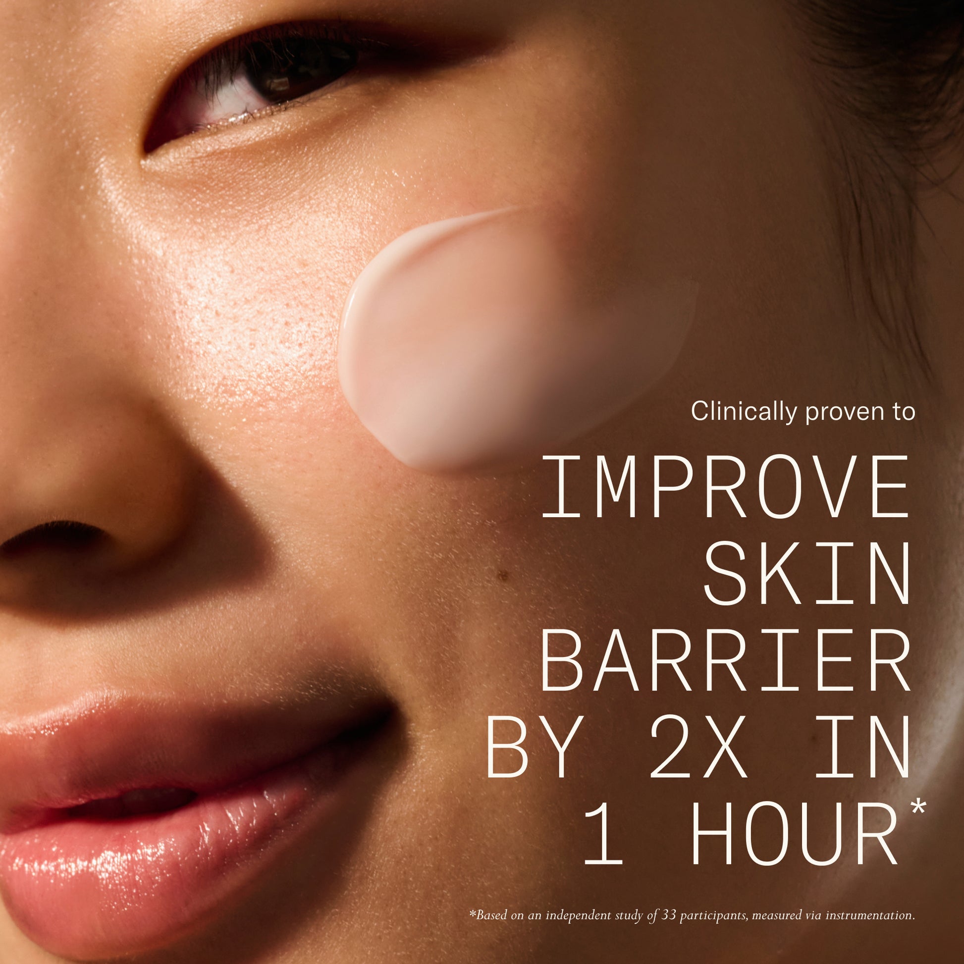 Image of model with Dieux Air Angel Gel Cream on her face with data as to how the product is proven to improve skin barrier by 2x in 1 hour