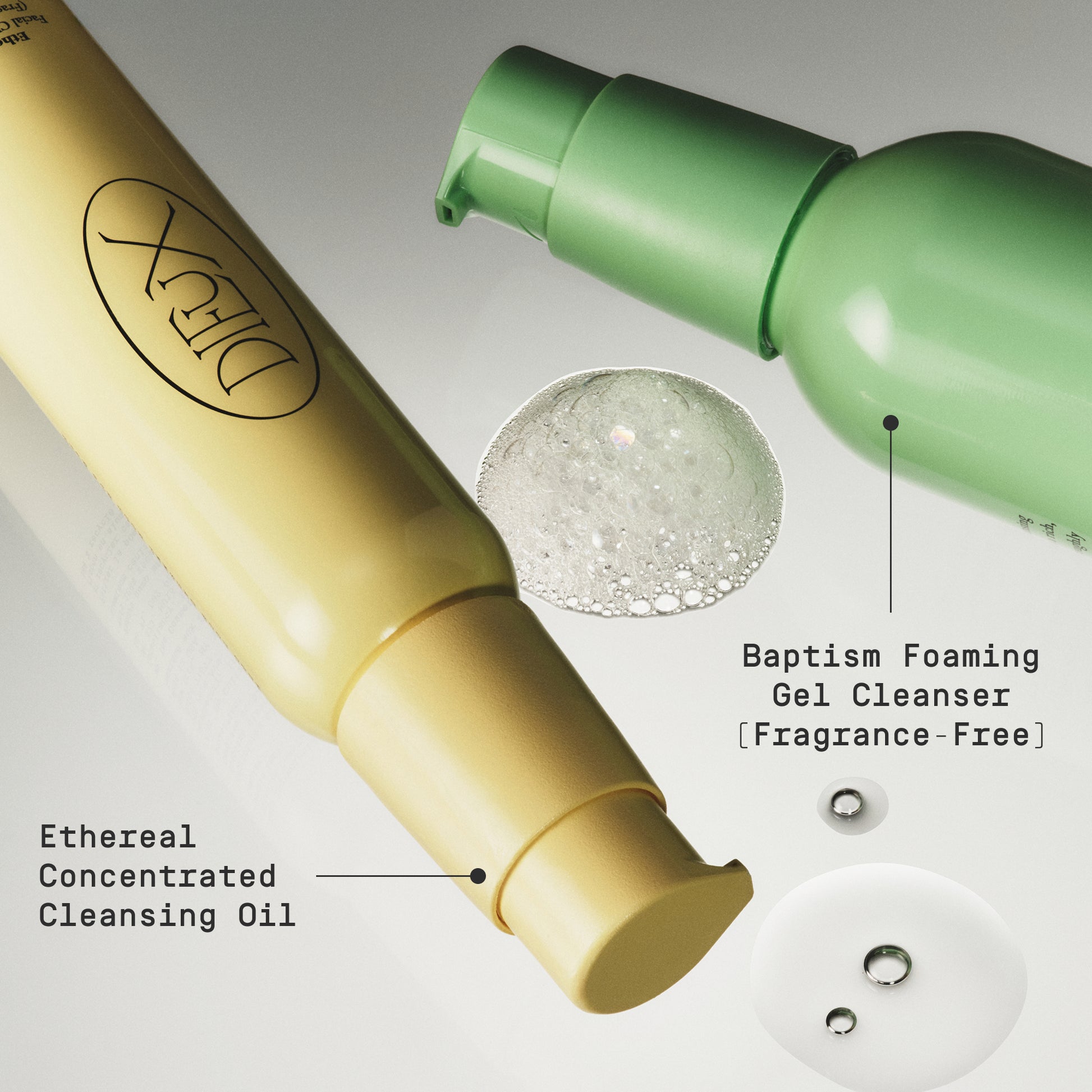 Two Dieux skincare products, a yellow bottle labeled 'Ethereal Concentrated Cleansing Oil' and a green bottle labeled 'Baptism Foaming Gel Cleanser', with text indicating their uses.