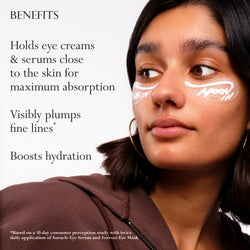 Model wearing Eckhaus Latta x Dieux Solar Return Forever Eye Mask. 
Text: Benefits
- Holds eye creams & serums close to the skin for maximum absorption
- Visibly plumps fine lines*
- Boosts hydrations
*based on a 30 day consumer perception study with twice daily application of Auracle Eye Serum and Forever Eye Mask