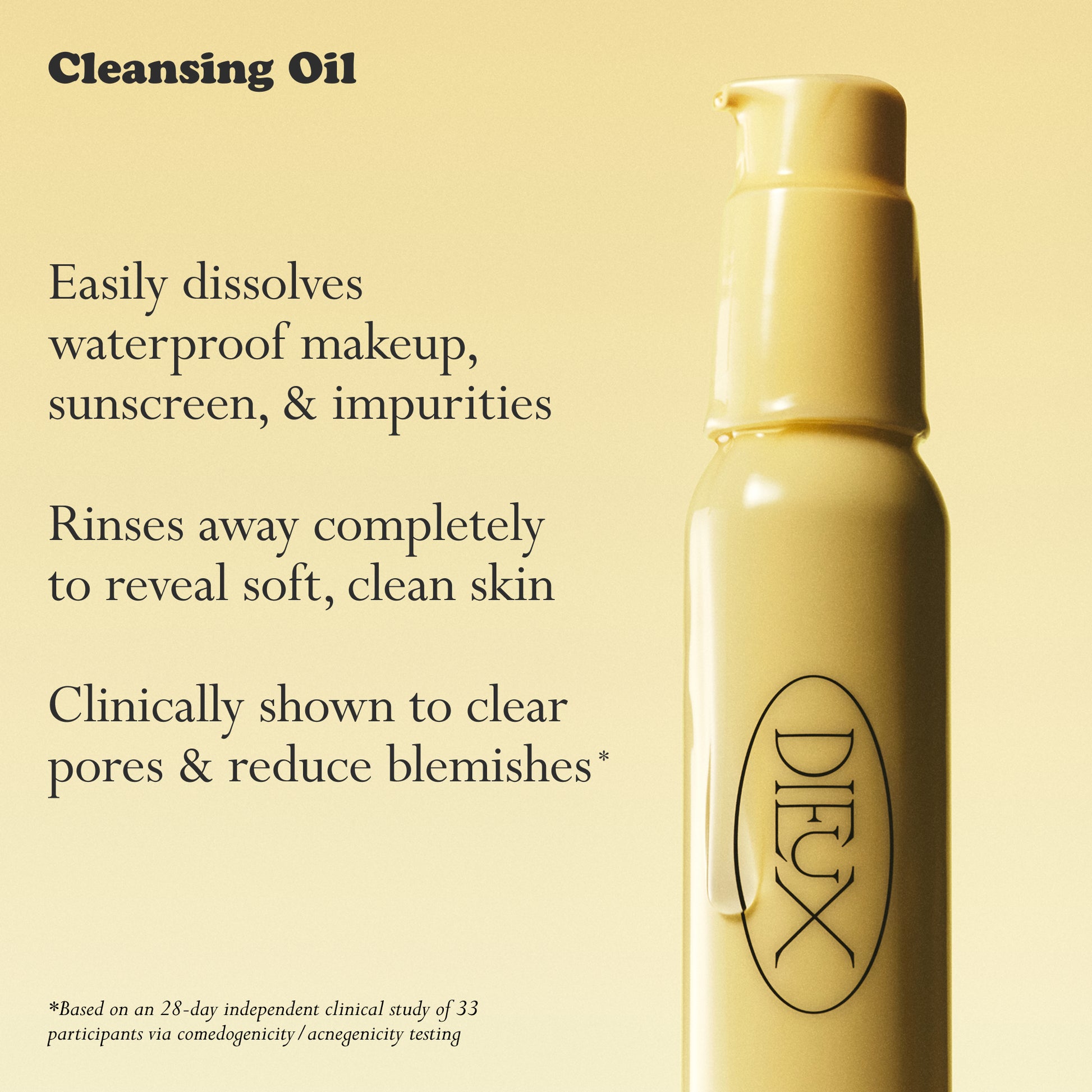 Ethereal Cleansing oil bottle with text on a yellow background, text speaks to the benefits of the product