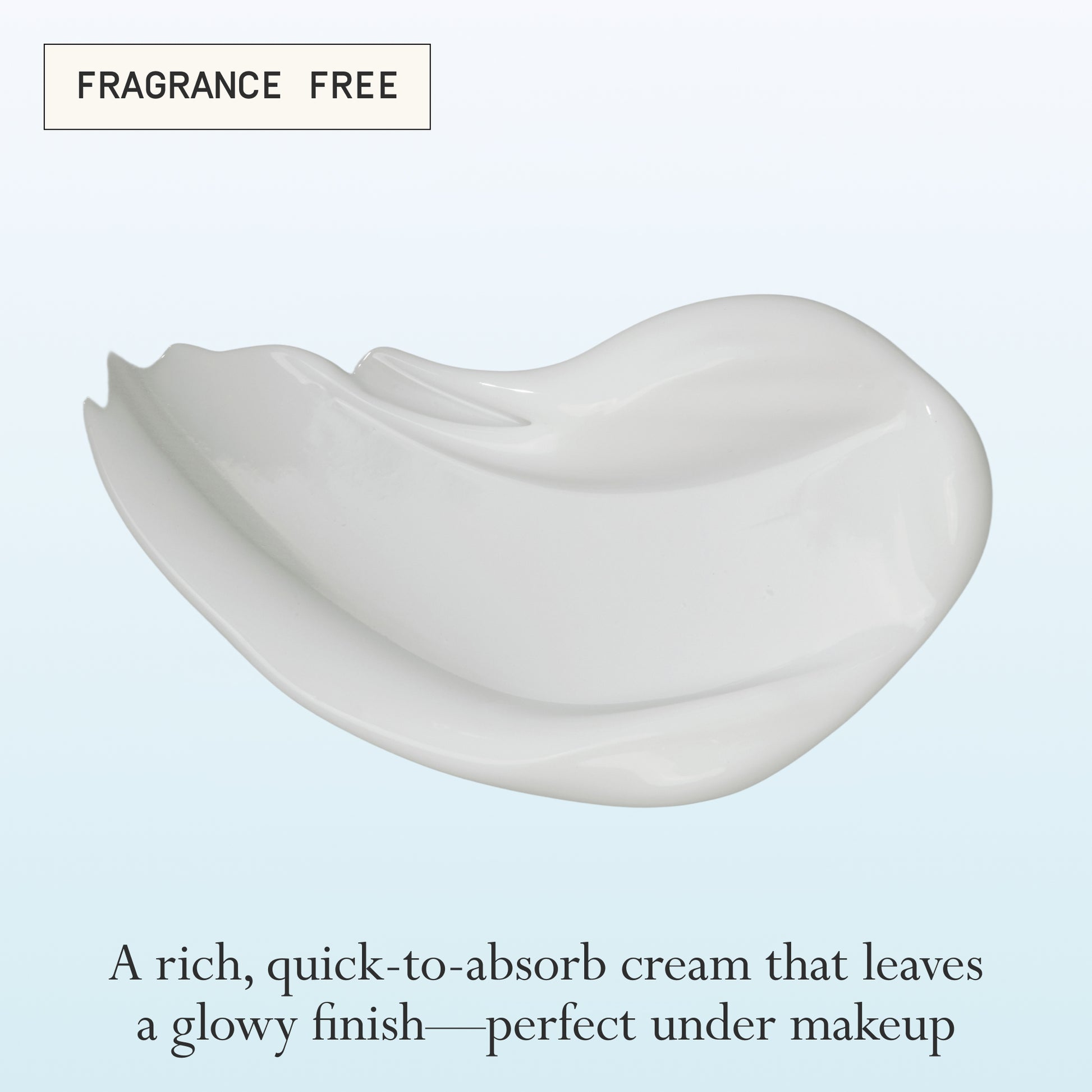 Image: A swatch of Dieux Instant Angel Firming Moisturizer on a light teal gradient background.
Text: Fragrance Free. A rich, quick-to-absorb cream that leaves a glowy finish–perfect under makeup.