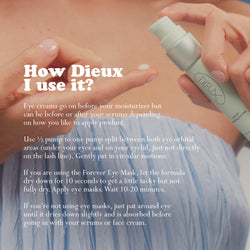 A model holding Auracle.
Text: How Dieux I use it? Eye creams go on before your moisturizer but can be before or after your serums depending on how you like to apply product. Use 1/2 pump to one pump split between both eye orbital areas (under your eyes and on your eyelid, just not directly on the lash line). Gently pat in circular motions.