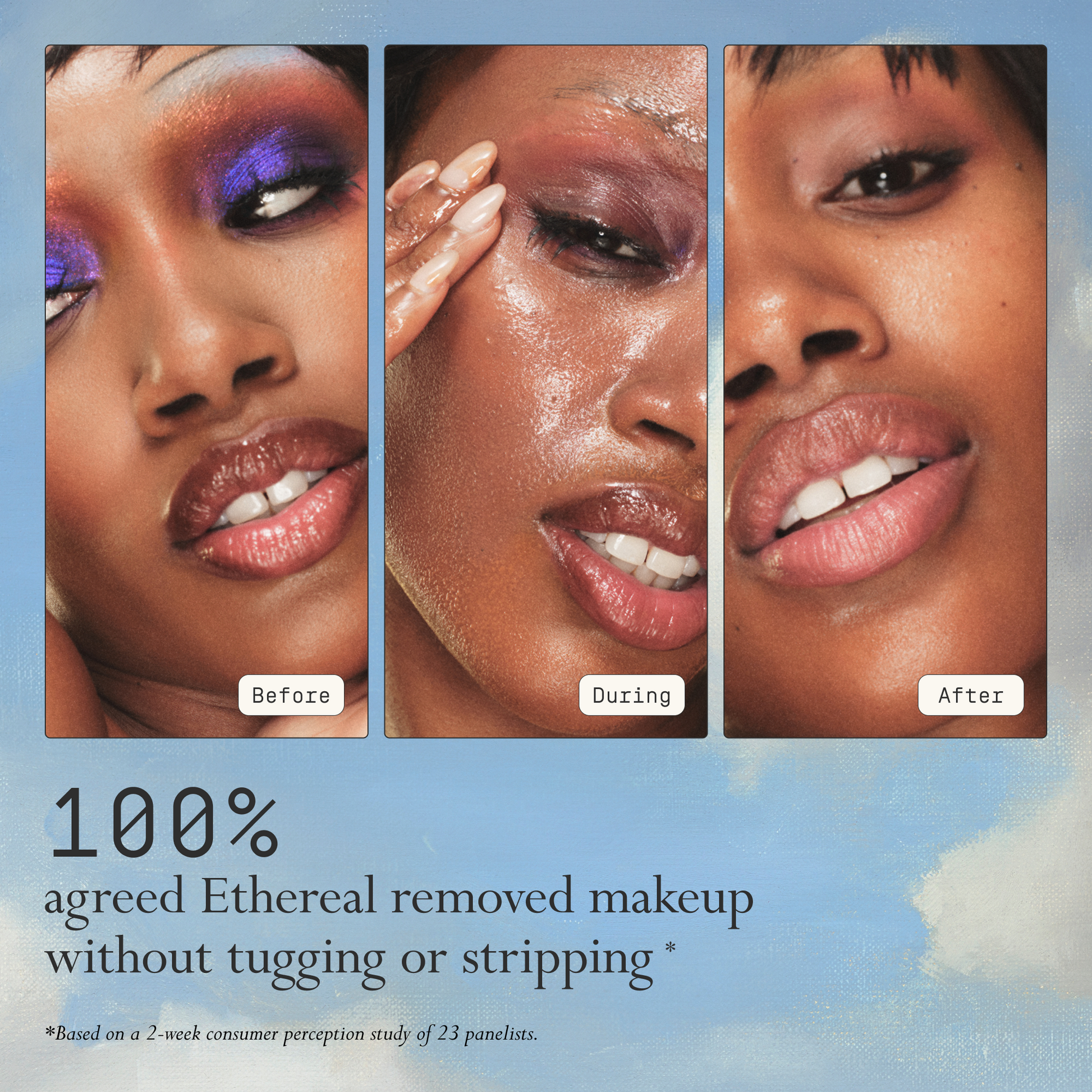 Before, during, and after effects of Ethereal Cleansing Oil, showing significant makeup removal on a model's face.