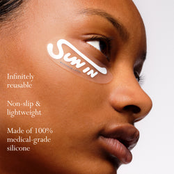 Mode wearing Eckhaus Latta x Dieux Solar Return Forever Eye Mask.
Text: 
- Infinitely resuable
- Non-slip & lightweight
- Made of 100% medical grade silicone