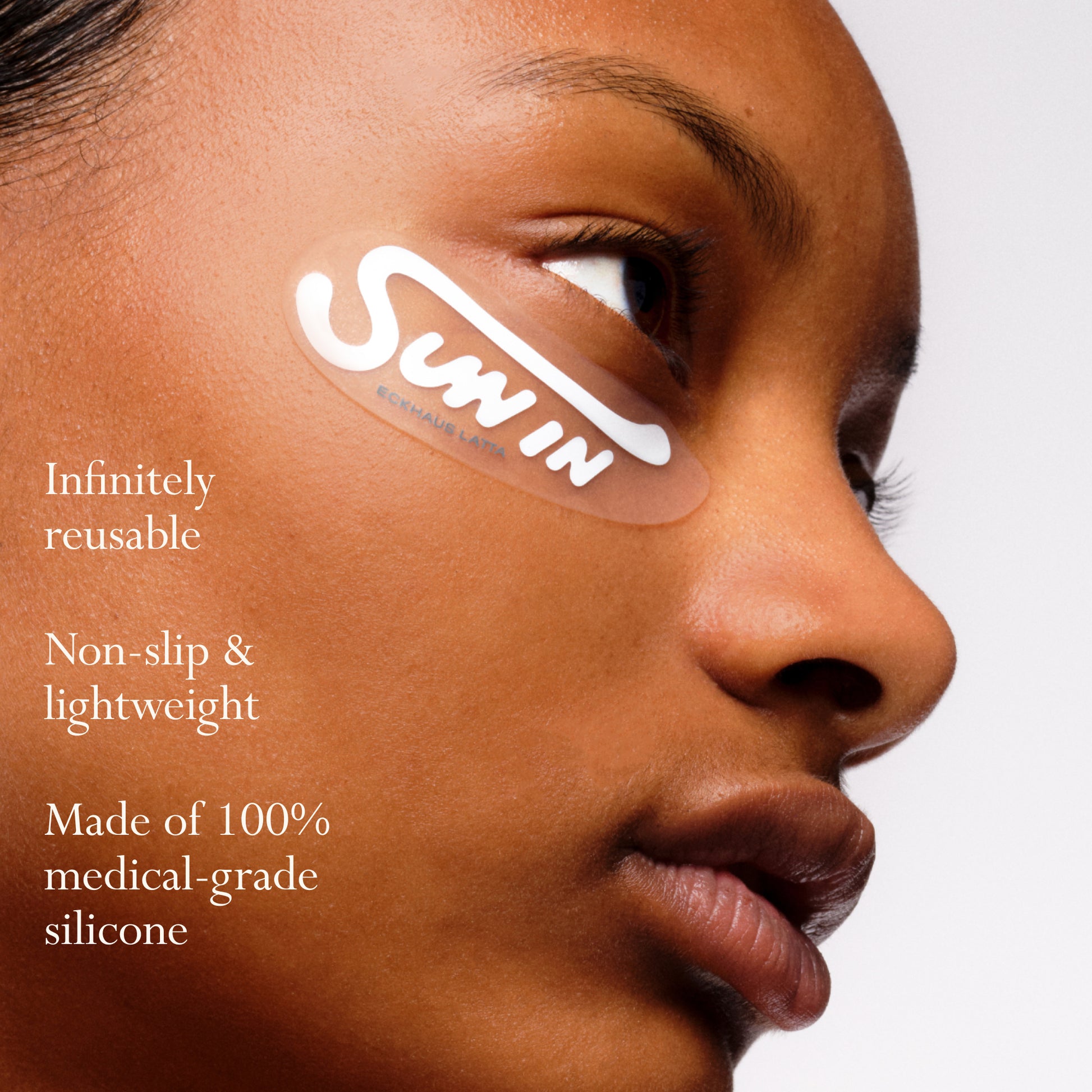 Mode wearing Eckhaus Latta x Dieux Solar Return Forever Eye Mask.
Text: 
- Infinitely resuable
- Non-slip & lightweight
- Made of 100% medical grade silicone