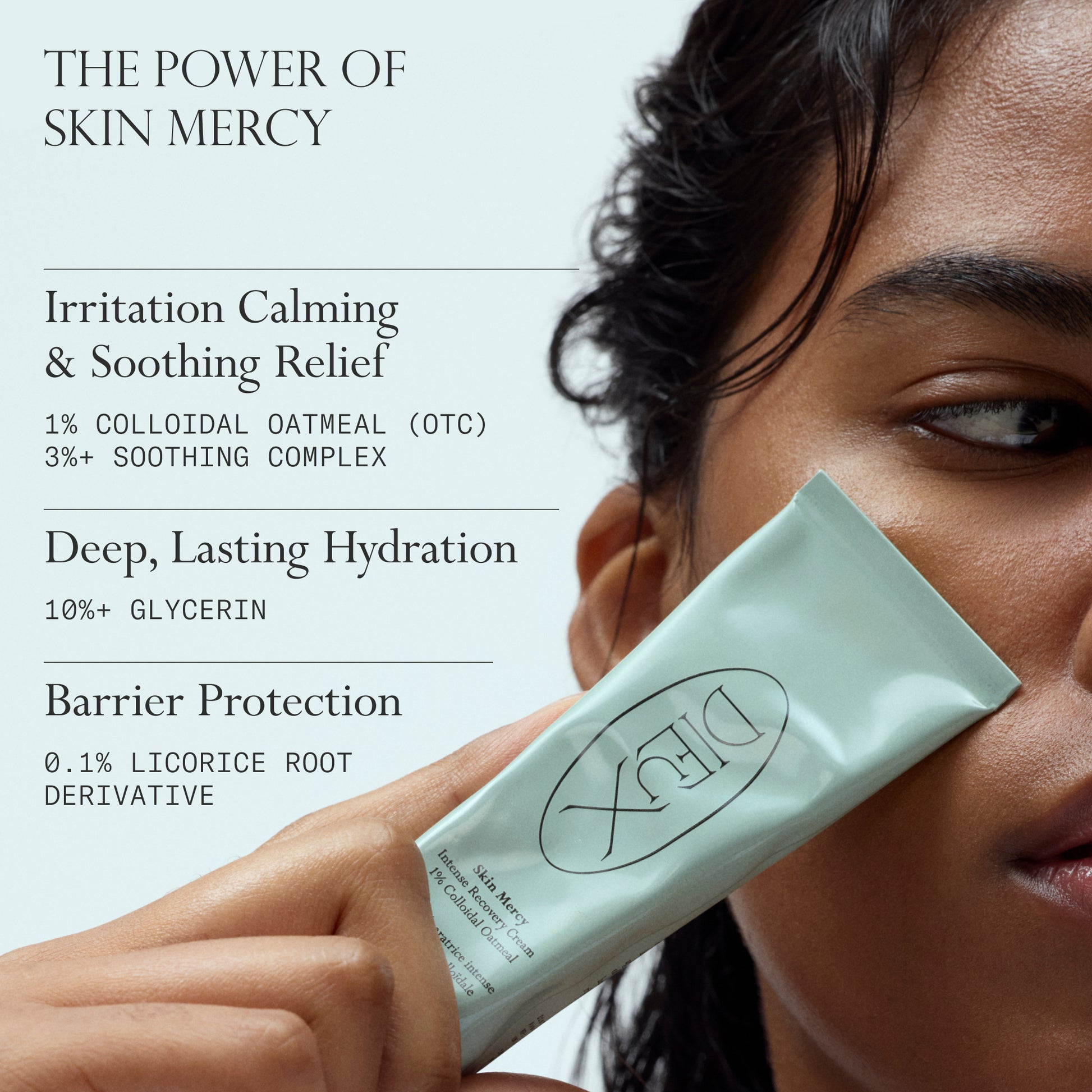 Woman holding a tube of Dieux's Skin Mercy Recovery Cream with text about the benefits of the ingredient in the formula.