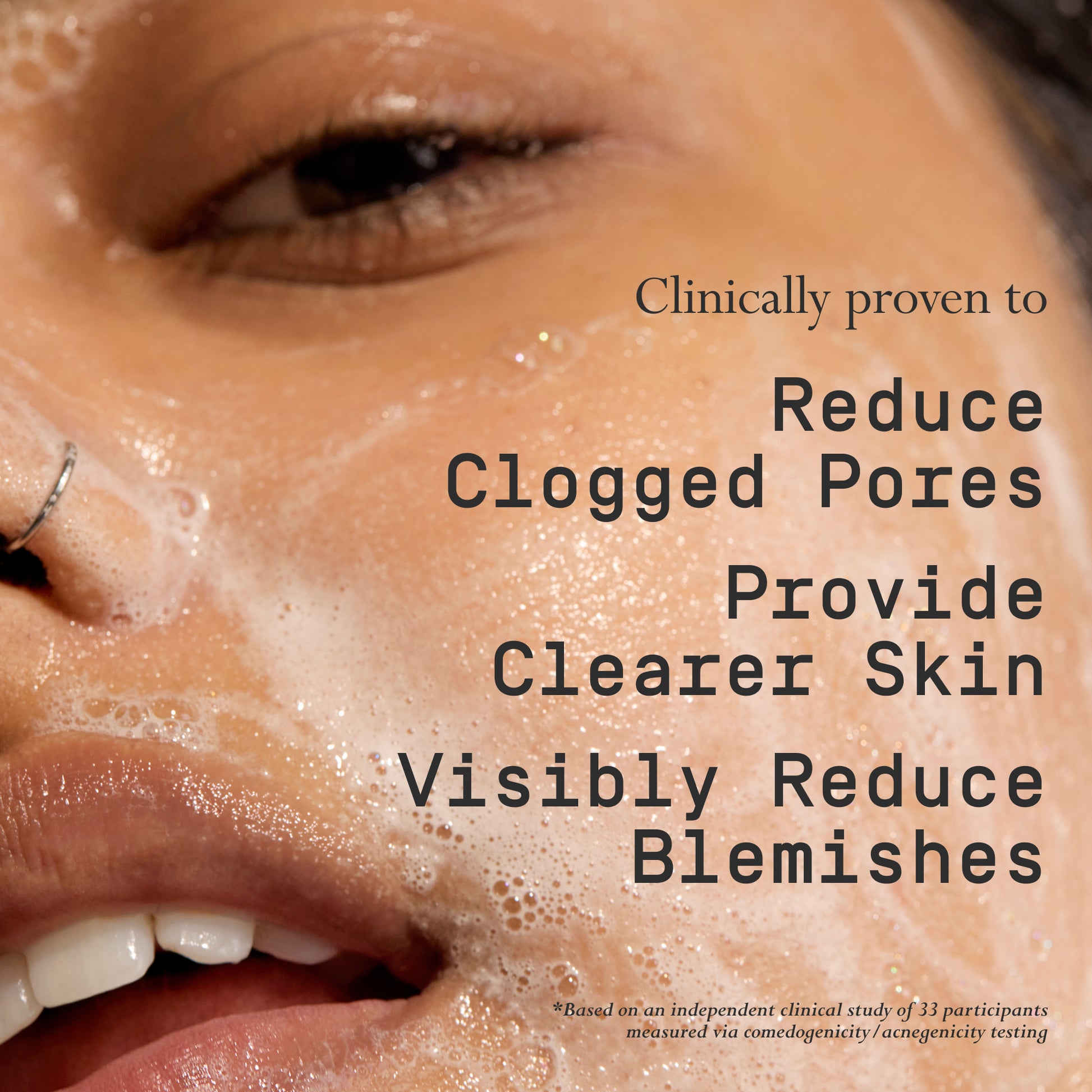 Close-up of a person's face with text claiming skincare benefits of Baptism Gentle Foaming Gel Cleanser