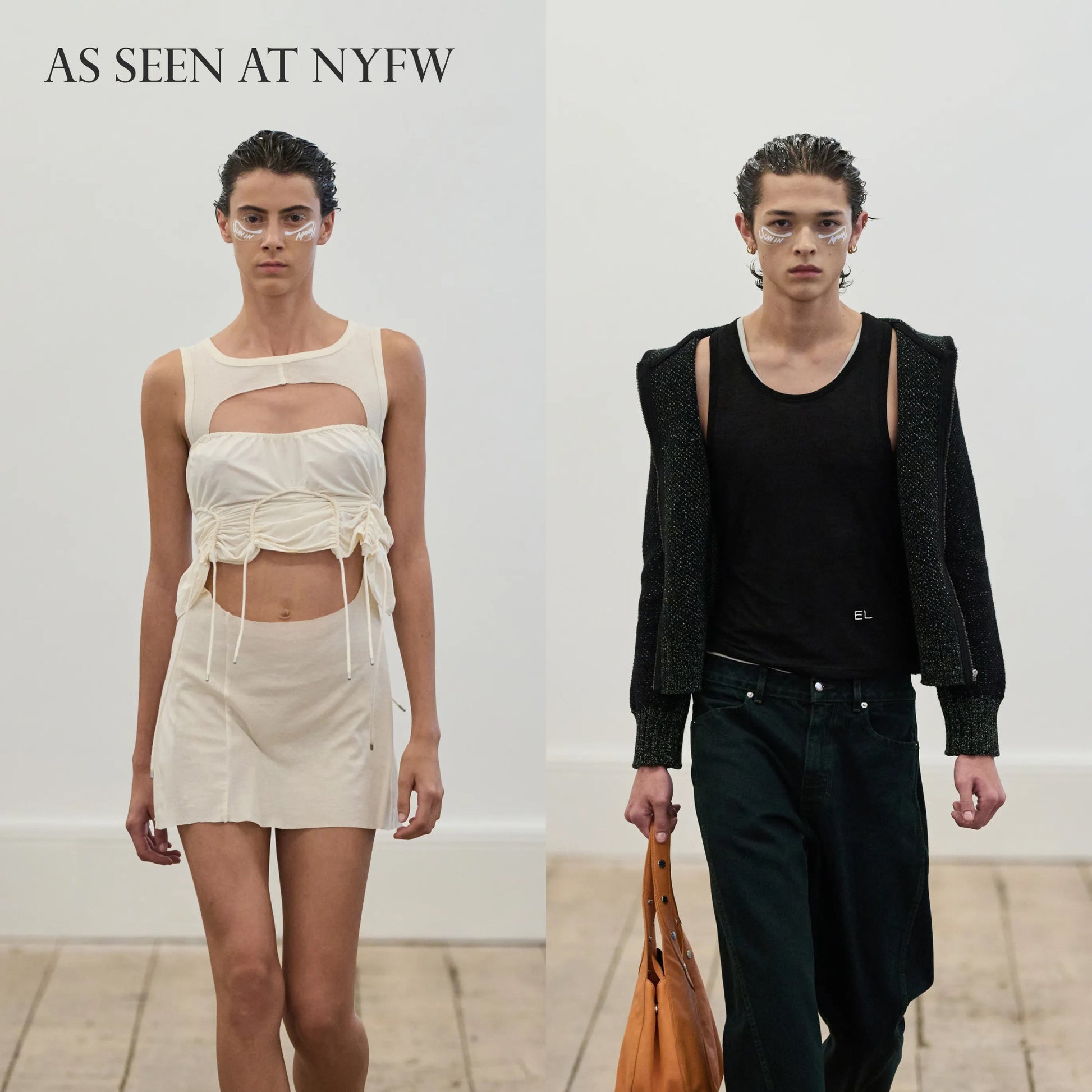 Runway models wearing Eckhaus Latta x Dieux Solar Return Forever Eye Mask 
Text: As seen at NYFW