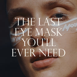 Model wearing Eckhaus Latta x Dieux Solar Return Forever Eye Mask. 
Text: The last eye mask you'll ever need