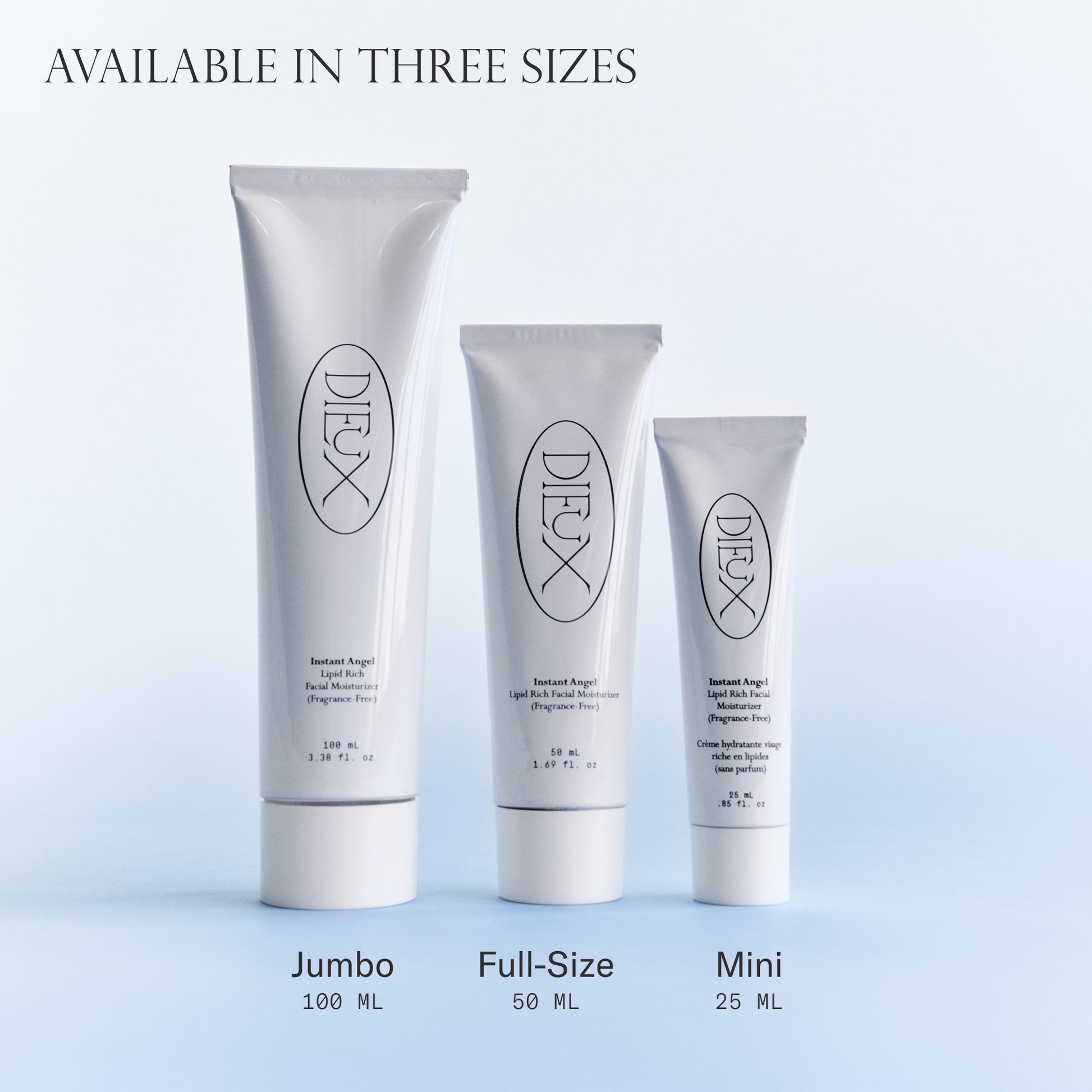 Size comparisons Dieux's Instant Angel Lipid-Rich Firming Moisturizer, available in 3 sizes