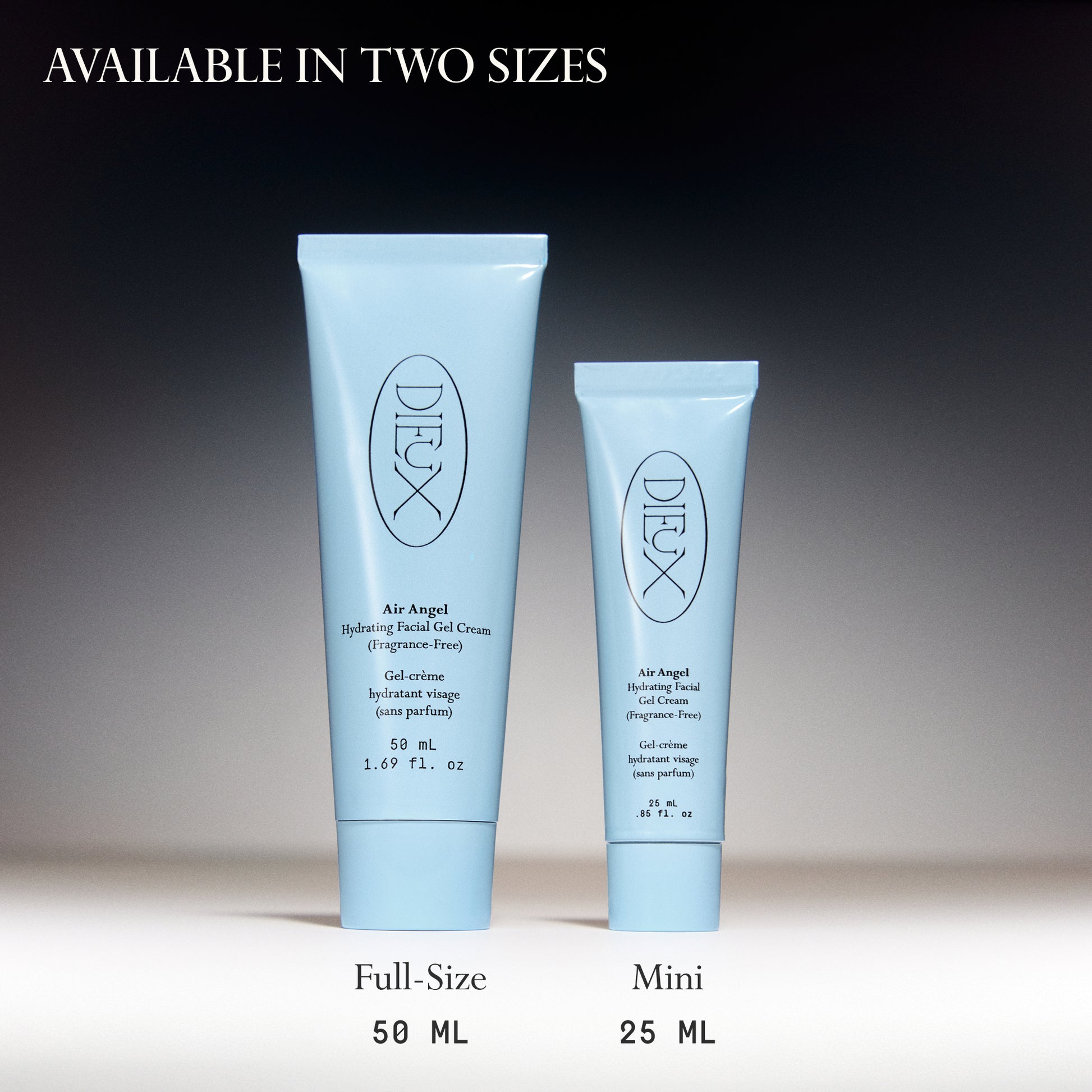 Image: Both sizes (50ml and 25ml) of Dieux Air Angel Gel Cream next to each other.
Text: Available in two sizes. Full-Size 50ml. Mini 25ml.