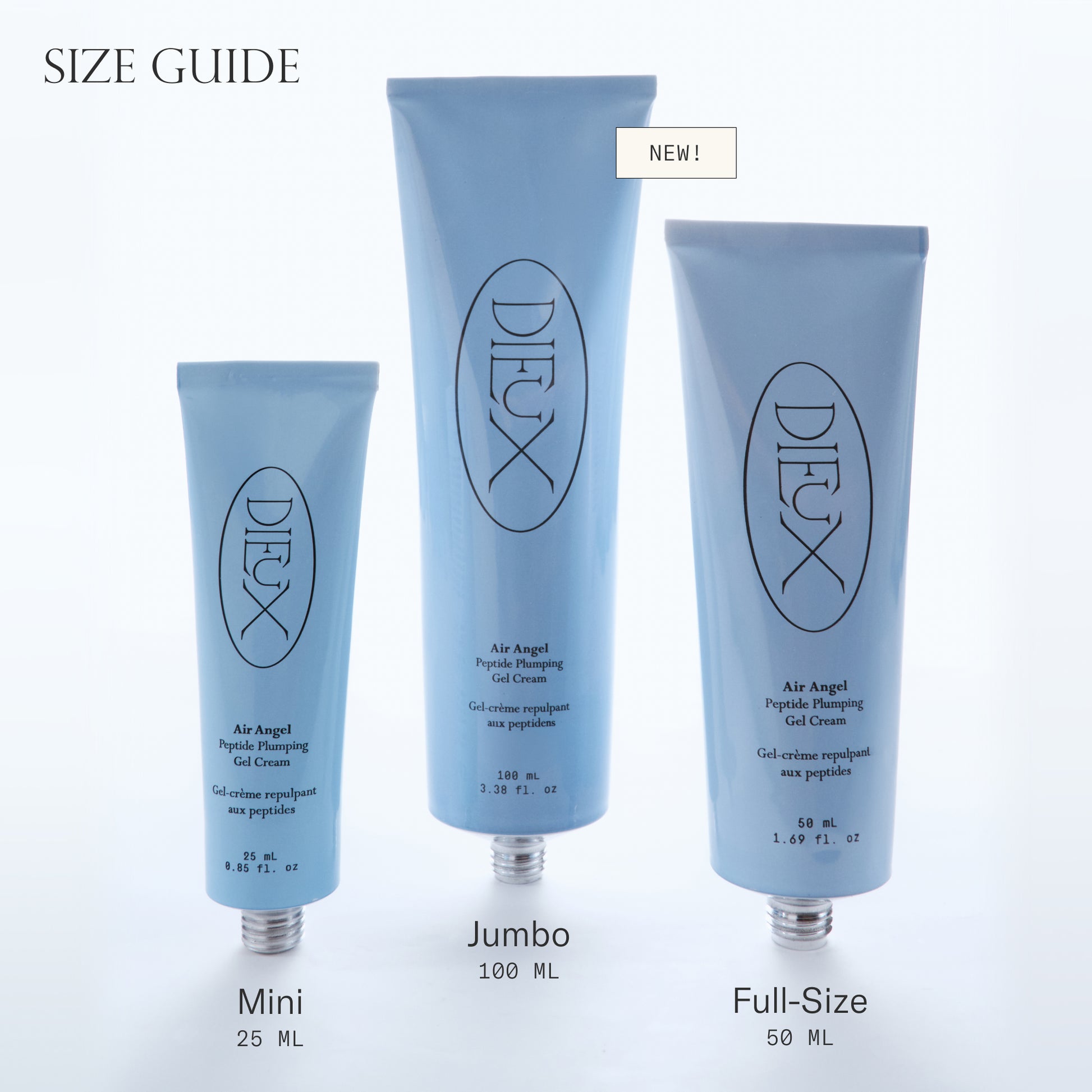 Dieux Air Angel Gel Cream size comparison: Jumbo, Full-Size, and Mini containers on a light gray background.