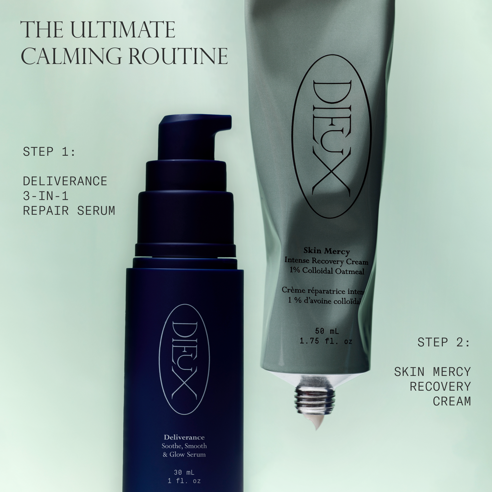 Dieux's Skin Mercy Recovery Cream and Dieux's Deliverance 3-in-1 Repair Serum on a light green background with text indicating a calming routine.