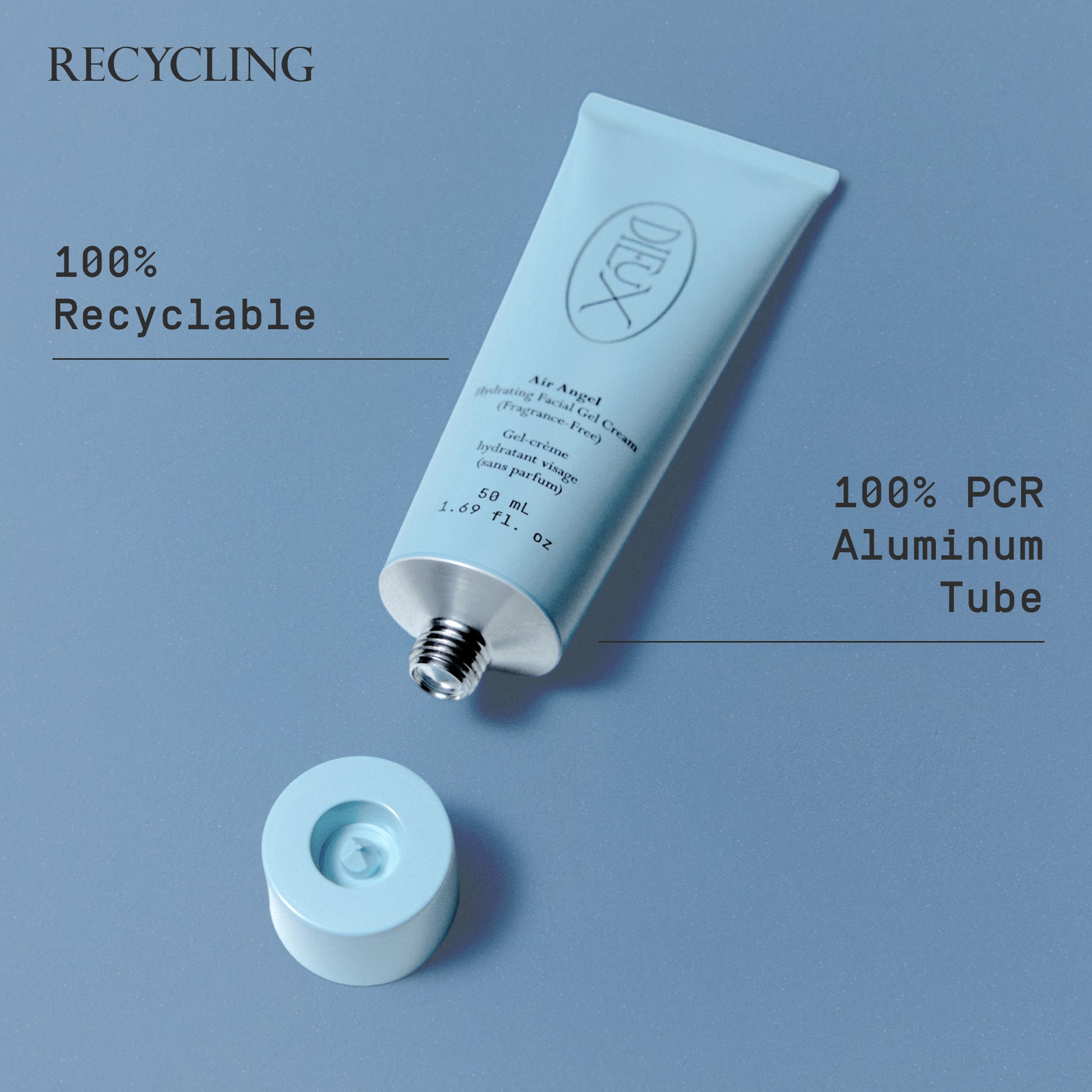 Image: Dieux Air Angel Gel Cream tube and cap.
Text: Recycling.
100% PCR aluminum tube. 100% Recyclable.