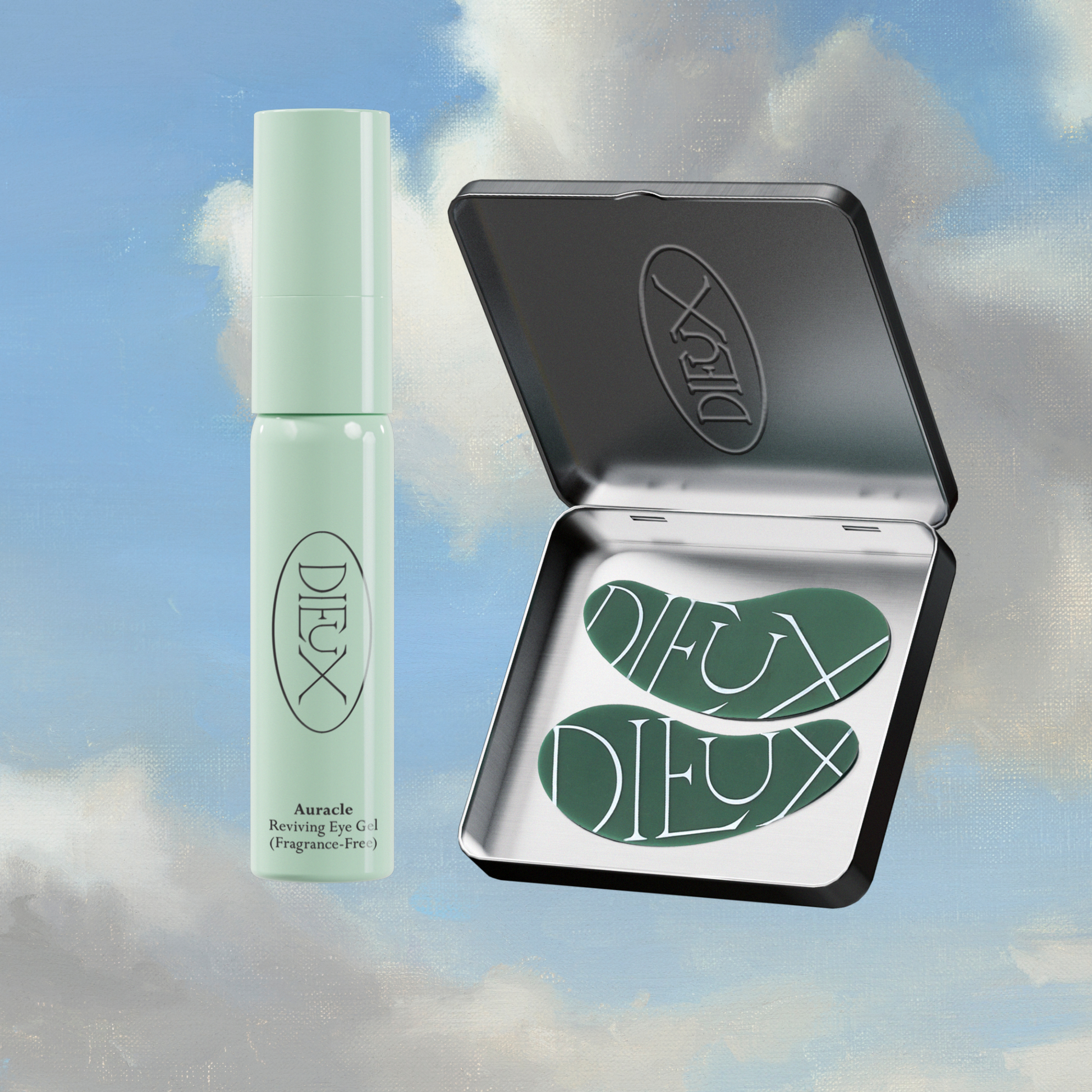 Dieux Skin products on painted cloud background: Auracle Eye Serum and Green Forever Eye Mask