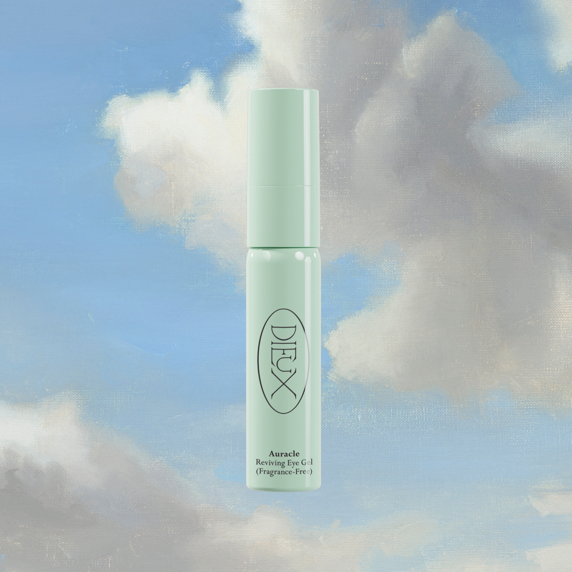 Dieux Auracle Eye Serum on a blue and white cloud background