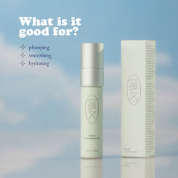 Image: Dieux Auracle Eye Serum next to its box on a blue and white cloud background.
Text: What is it good for? Plumping, smoothing, hydrating.