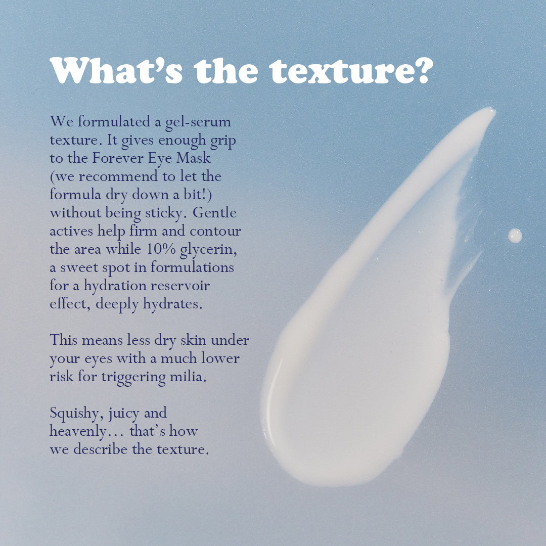 Auracle Eye Serum swatch on blue background.
Text: What's the texture? We formulated a gel-serum texture. It gives enough grip to the Forever Eye Mask (we recommend to let the formula dry down a bit!) without being sticky. Gentle actives help firm and contour the area while 10% glycerin, a sweet spot in formulations for a hydration reservoir effect, deeply hydrates.
This means less dry skin under your eye with a much lower risk for triggering milia.
Squishy, juicy and heavenly...that's how we describe it.