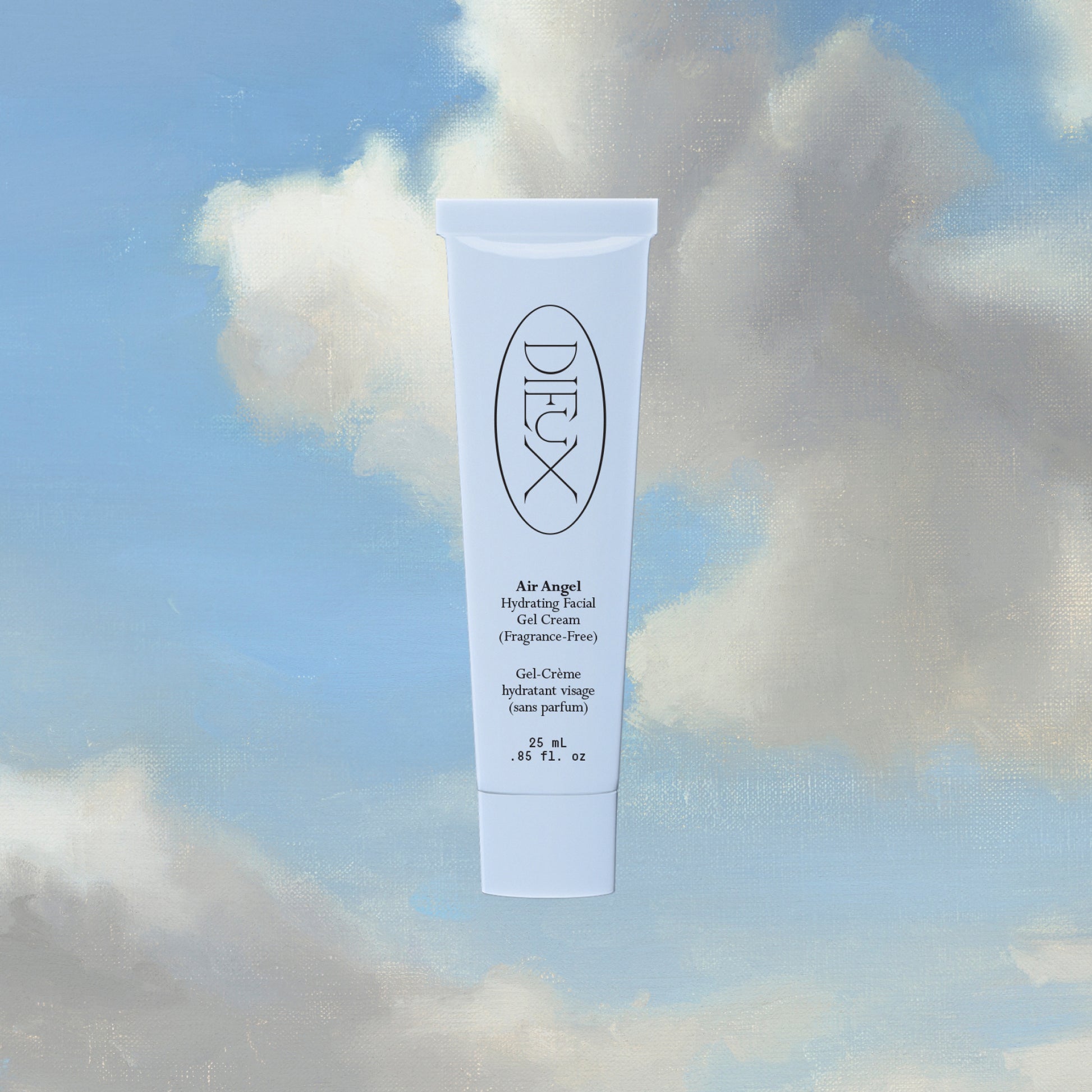 Dieux Air Angel Gel Cream 25ml size on a blue and white cloud background