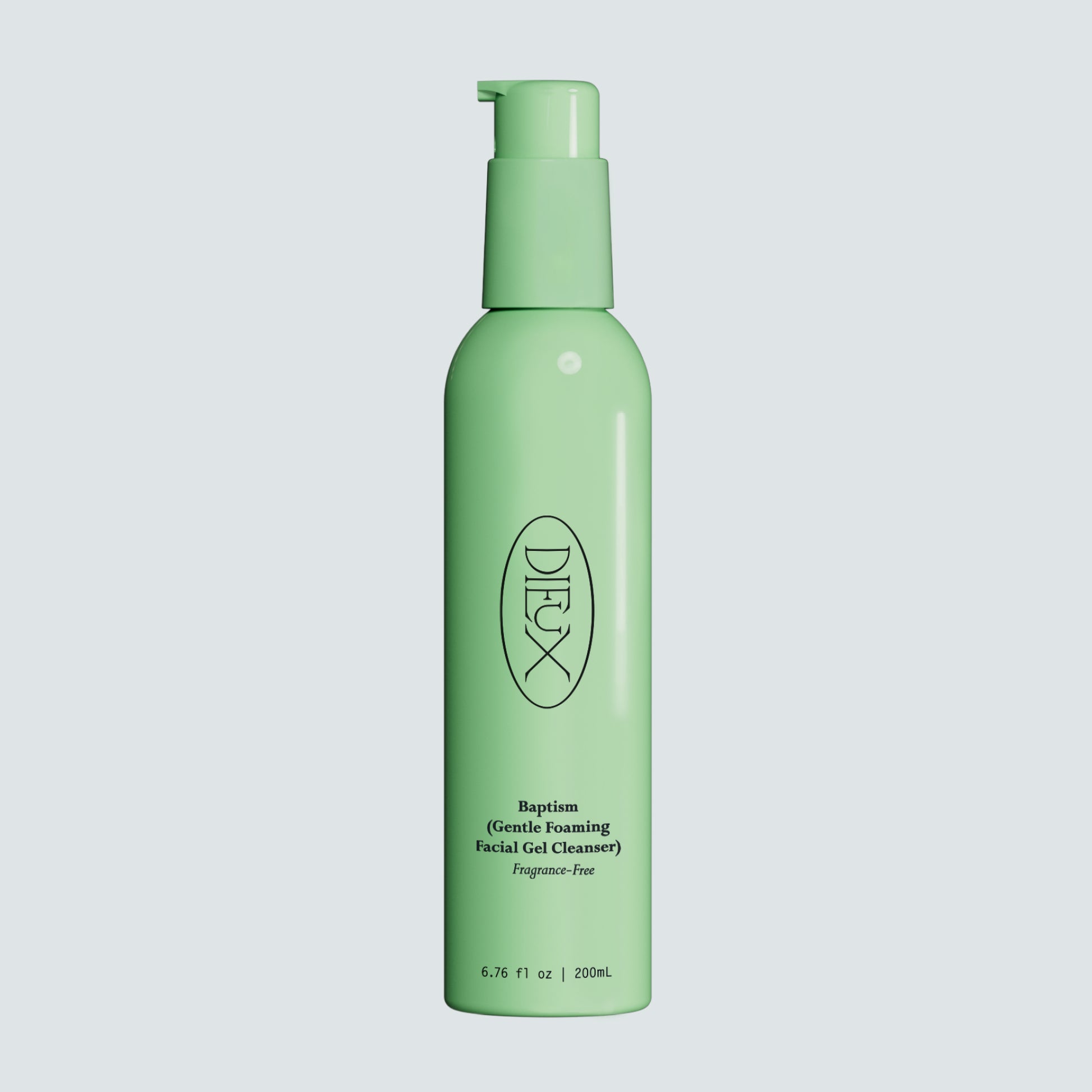 Dieux Baptism Gentle Gel Cleanser bottle on a pale blue background