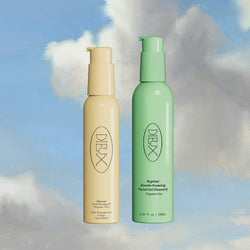 Dieux Ethereal Cleansing Oil and Dieux Baptism Gentle Foaming Cleanser (Fragrance-Free) against a cloud background