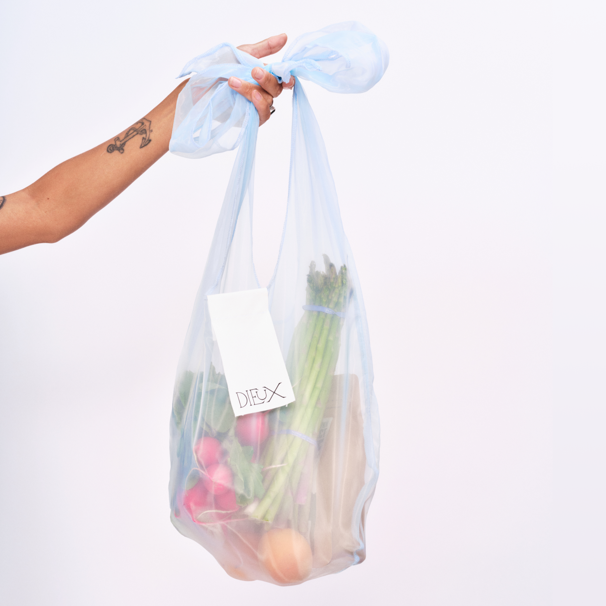 hand holding The Dieux-It-All Tote filled with produce