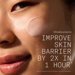 Image of model with Dieux Air Angel Gel Cream on her face with data as to how the product is proven to improve skin barrier by 2x in 1 hour