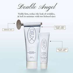 Image: Dieux Instant Angel Moisturizer Jumbo 100ml, Instant Angel Moisturizer  Mini 25ml, and Squeeze Key on a light teal gradient background. 

Text: Double Angel
Visibly firm, reduce the look of wrinkles, & lock in moisture with two beloved sizes