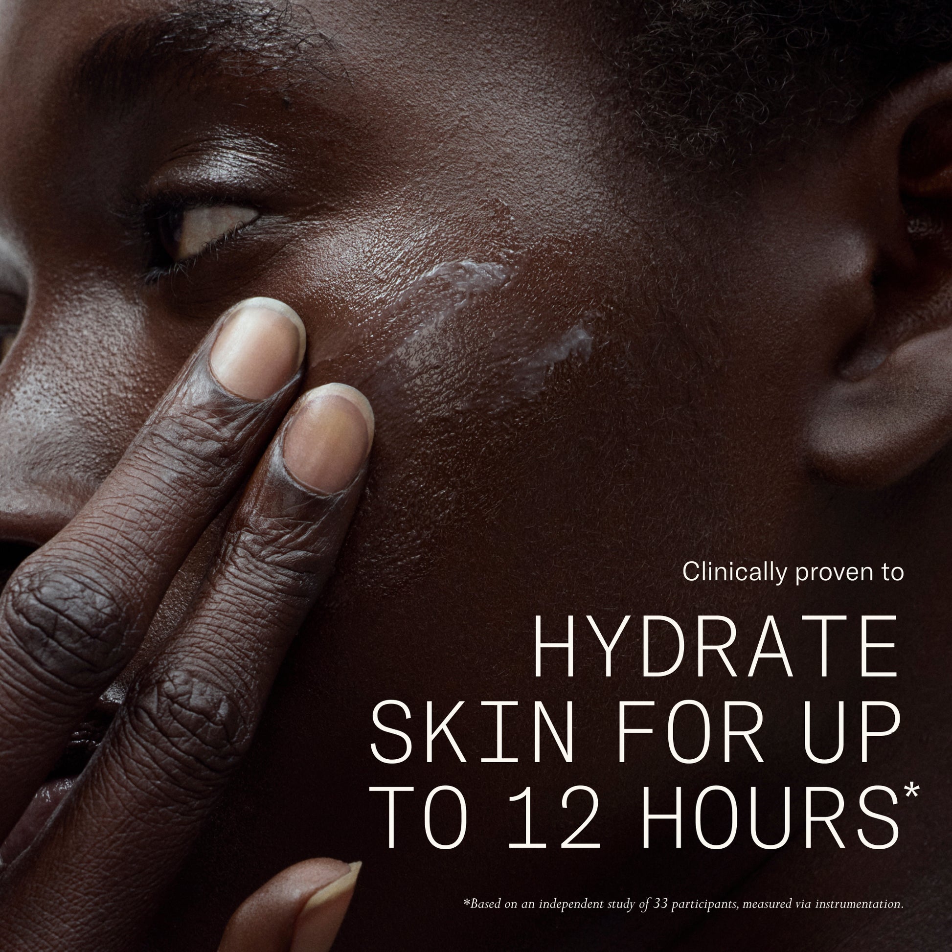 Image of model with Dieux Air Angel Gel Cream on her face with data as to how the product is proven to hydrate skin for up to 12 hours