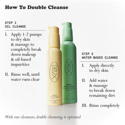 How to double cleanse infographic, featuring Dieux Ethereal Cleansing Oil and Dieux Baptism Gentle Foaming Gel Cleanser with instructions on how to use them for double cleansing.