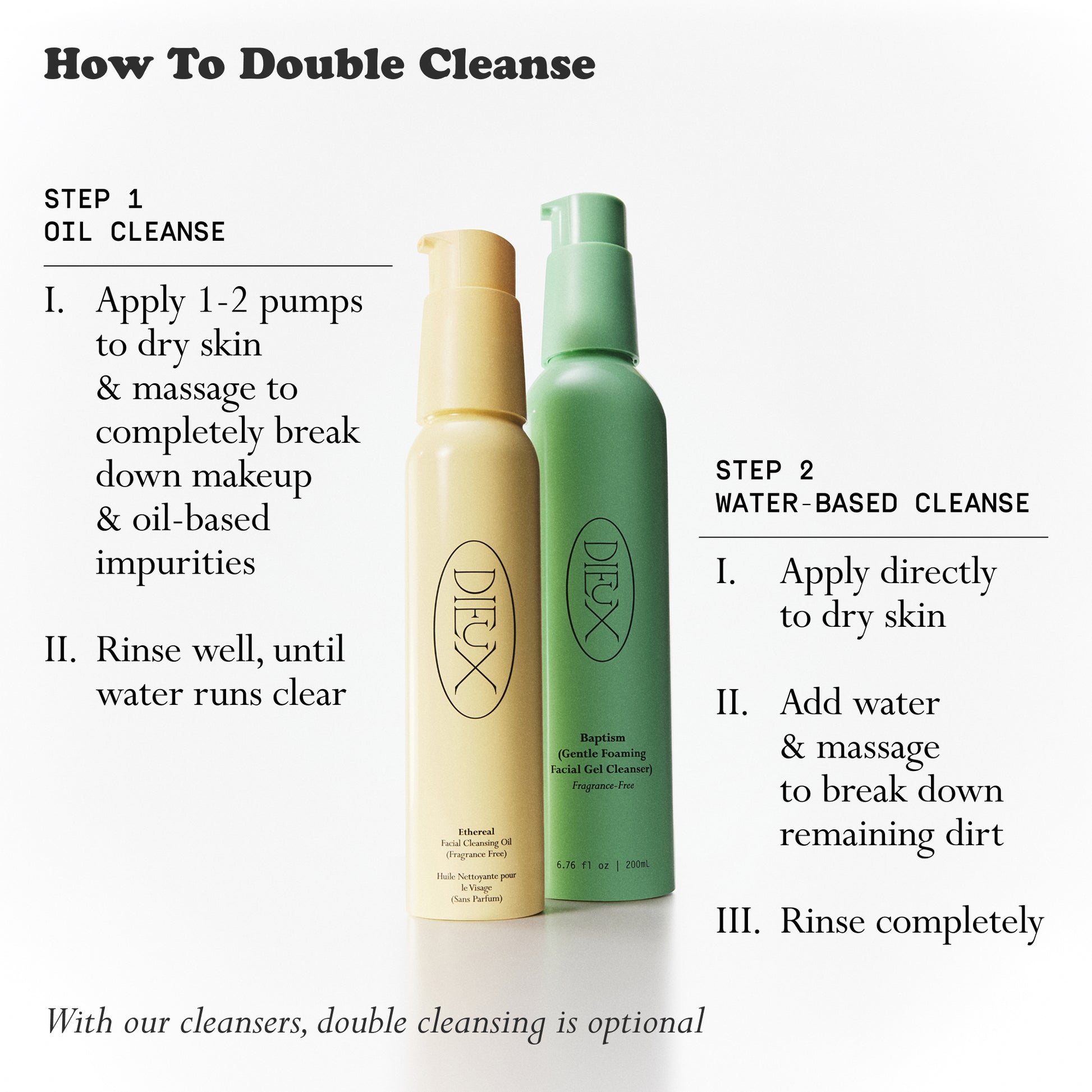 How to double cleanse infographic, featuring Dieux Ethereal Cleansing Oil and Dieux Baptism Gentle Foaming Gel Cleanser with instructions on how to use them for double cleansing.