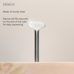 Dieux Squeeze Key on beige background with text speaking to the design and features of the tool