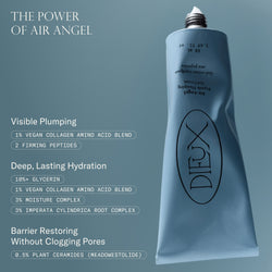 Image of Dieux Air Angel Gel Cream upside down speaking to the key ingredients in the formula and what they do for skin