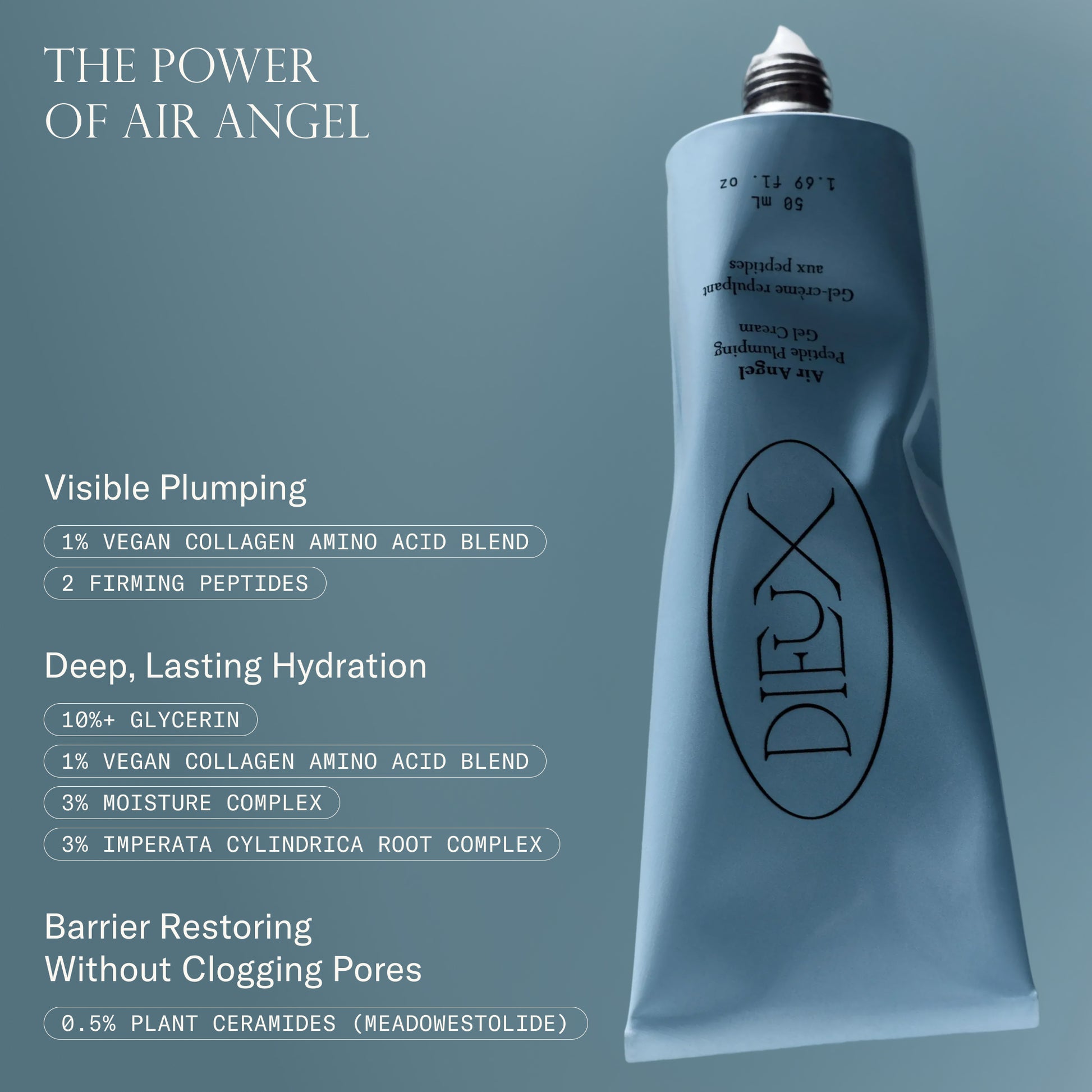 Image of Dieux Air Angel Gel Cream upside down speaking to the key ingredients in the formula and what they do for skin