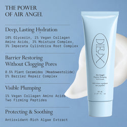 Image: Dieux Air Angel Gel Cream size 50ml on a light blue background.

Text: The Power of Air Angel
Deep, lasting hydration. 10% Glycerin, 1% Vegan Collagen Amino Acids, 3% Moisture Complex, 3% Imperata Cylindrica Root Complex

Barrier Restoring Without Clogging Pores. 0.5% Plant Ceramides [Meadowestolide], 2% Barrier Repair Complex

Visible Plumping. 1% Vegan Collagen Amino Acids, Two Firming Peptides

Protecting & Soothing. Antioxidant-rich Algae Extract.