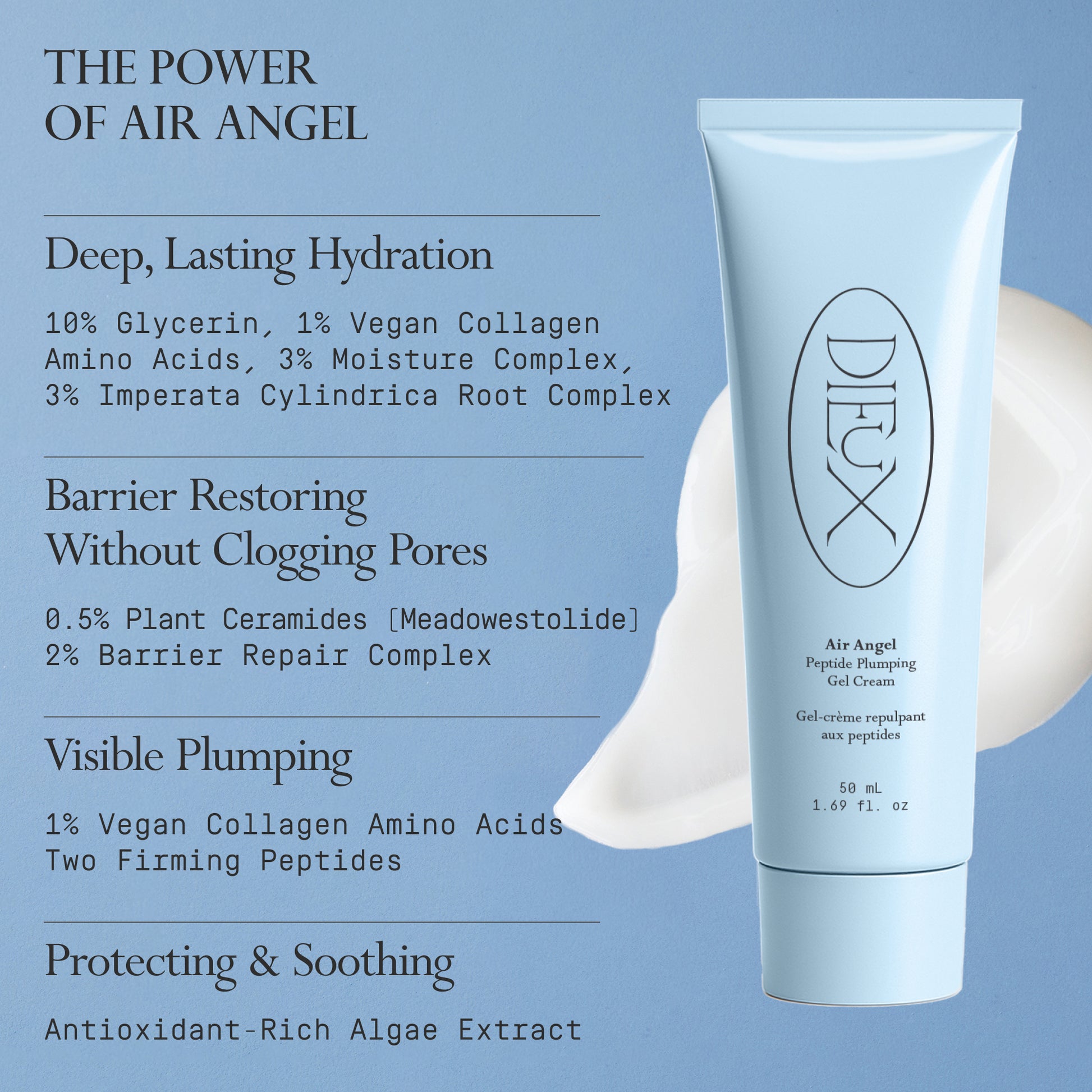 Image: Dieux Air Angel Gel Cream size 50ml on a light blue background.

Text: The Power of Air Angel
Deep, lasting hydration. 10% Glycerin, 1% Vegan Collagen Amino Acids, 3% Moisture Complex, 3% Imperata Cylindrica Root Complex

Barrier Restoring Without Clogging Pores. 0.5% Plant Ceramides [Meadowestolide], 2% Barrier Repair Complex

Visible Plumping. 1% Vegan Collagen Amino Acids, Two Firming Peptides

Protecting & Soothing. Antioxidant-rich Algae Extract.
