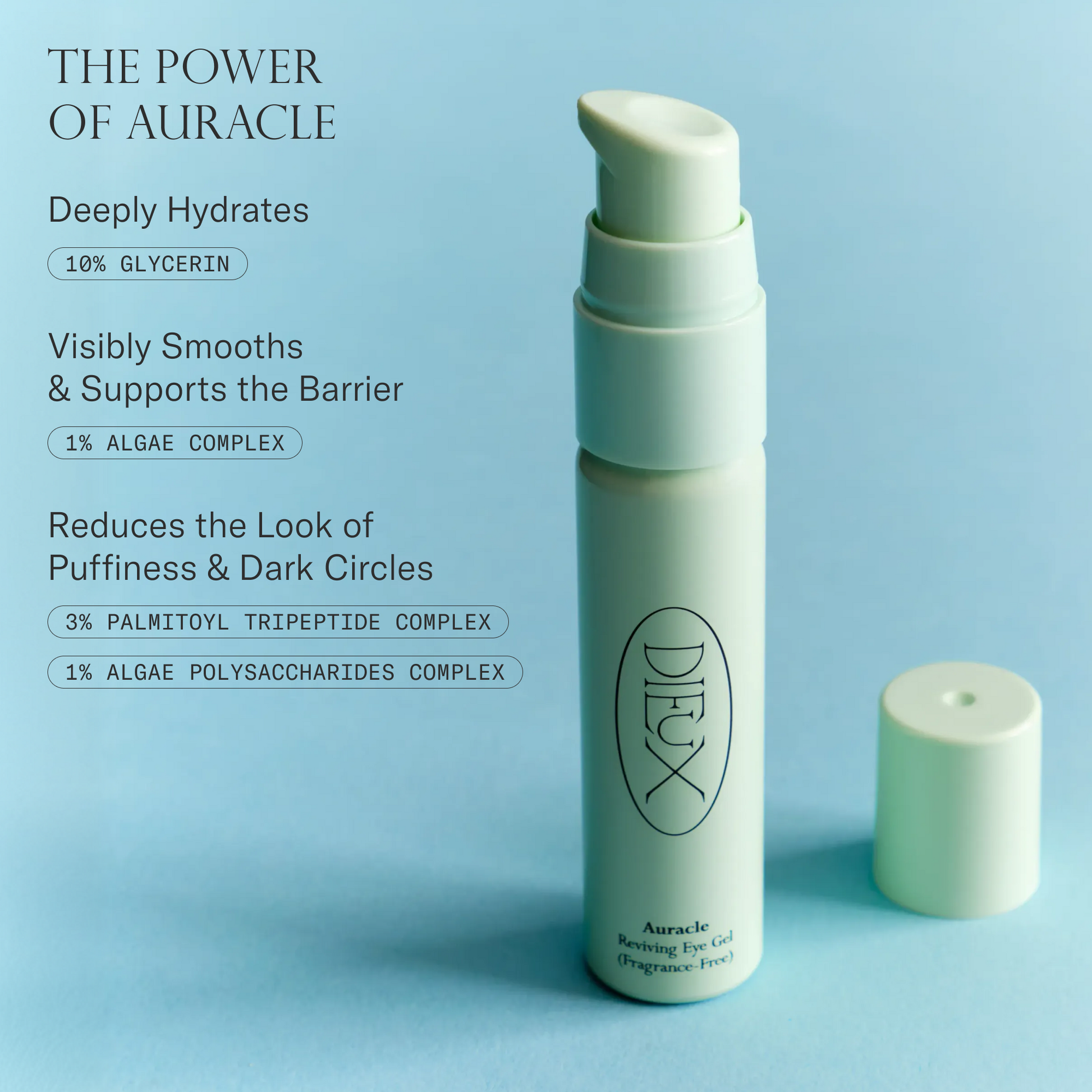 The Power of Auracle Eye Serum. Deeply hydrates with 10% glycerin. Visibly smooths & supports the barrier with 1% algae complex. Reduces the look of puffiness & dark circles with 3% palmitoyl tripeptide complex and 1% algae polysaccarides complex. 