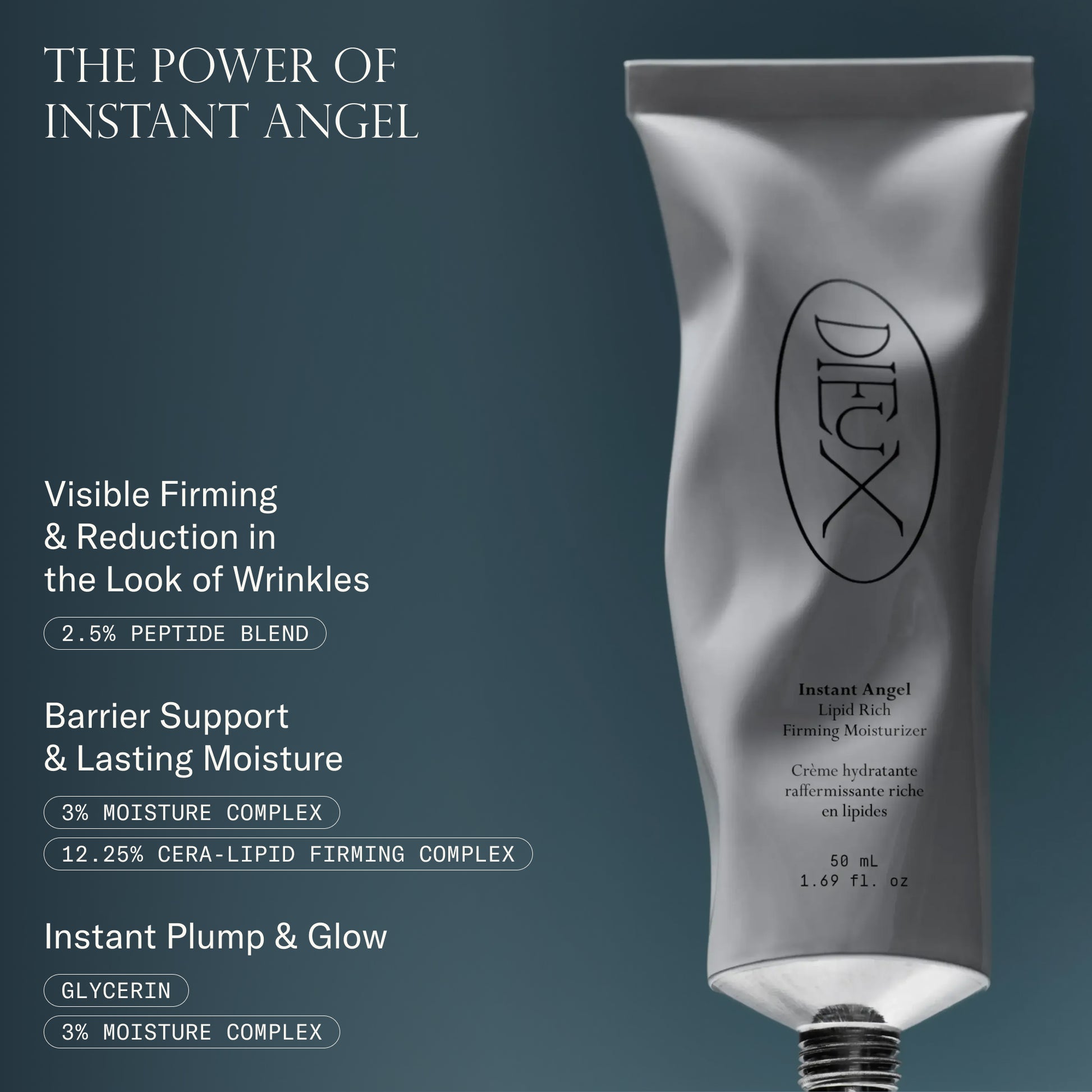 Infographic of Dieux Instant Angel Firming Moisturizer's key ingredients