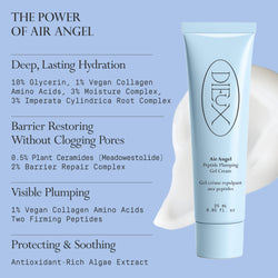 Image: Dieux Air Angel Gel Cream 25ml  and a swatch of its texture on a light blue background.

Text: The Power of Air Angel

Deep, lasting hydration. 10% Glycerin, 1% Vegan Collagen Amino Acids, 3% Moisture Complex, 3% Imperata Cylindrica Root Complex

Barrier Restoring Without Clogging Pores. 
0.5% Plant Ceramides [Meadowestolide], 2% Barrier Repair Complex

Visible Plumping. 
1% Vegan Collagen Amino Acids, Two Firming Peptides

Protection and Soothing. 
Antioxidant-rich Algae Extract.