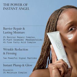 Image: Model holding a bottle of Dieux Instant Angel Firming Moisturizer on a light blue background.

Text: The Power of Instant Angel
Barrier Repair & Lasting Moisture
2% Barrier Repair Complex, 2% Plant Ceramides (Meadowestolide), 4% Free Fatty Acid Complex

Wrinkle Reduction & Firming
Two Powerful Signal Peptides

Instant Plump & Glow
Glycerin
3% Moisture Complex