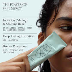 Woman holding a tube of Dieux's Skin Mercy Recovery Cream with text about the benefits of the ingredient in the formula.