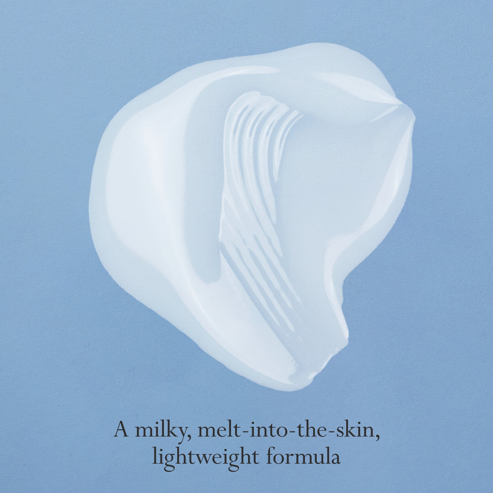 Product swatch of Dieux Deliverance Serum on a light blue background.

Text: A milky, melt-into-the-skin, lightweight formula.