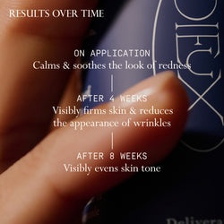 Results Over Time:

On Application- Calms & Soothes the look of redness
After 4 weeks- Visibly firms skin & reduces the appearance of wrinkles.
After 8 weeks- Visibly evens skin tone