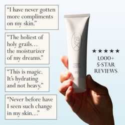 Image: Hands holding a bottle of Dieux Instant Angel Firming Moisturizer with 5 stars and the words "1,000+ 5-Star Reviews" next to it.

Text: Reviews in white boxes:
- "I have never gotten more compliments on my skin."
- "The holiest of holy grails... the moisturizer of my dreams."
- "This is magic. It's hydrating and not heavy."
- "Never before have I seen such change in my skin..."