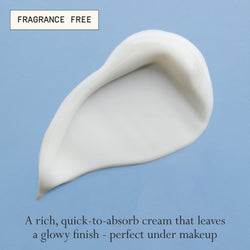 Image: A swatch of Dieux Instant Angel Firming Moisturizer on a light blue background.

Text: Fragrance Free. A rich, quick-to-absorb cream that leaves a glowy finish - perfect under makeup.
