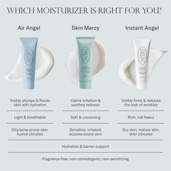 Dieux moisturizer product lineup with descriptions on a light gray background