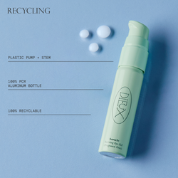 Auracle Eye Serum Recycling. Plastic pump + stem. 100% PCR aluminum bottle and 100% recyclable.
